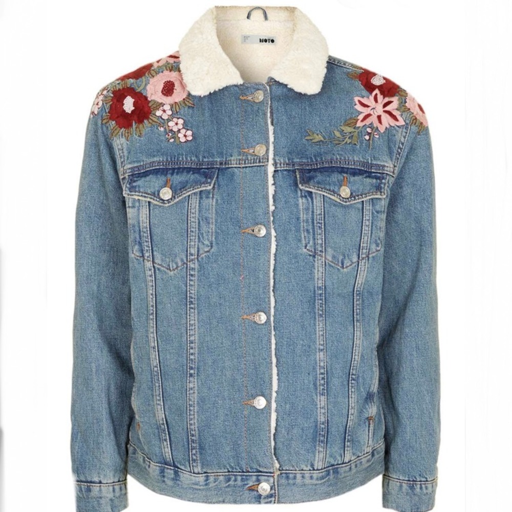 Topshop Moto Sherpa Embroidered Denim Jacket 6
